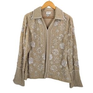 VTG Together glam Beaded sequin Floral Jacket Beige cocktail silky sz 16